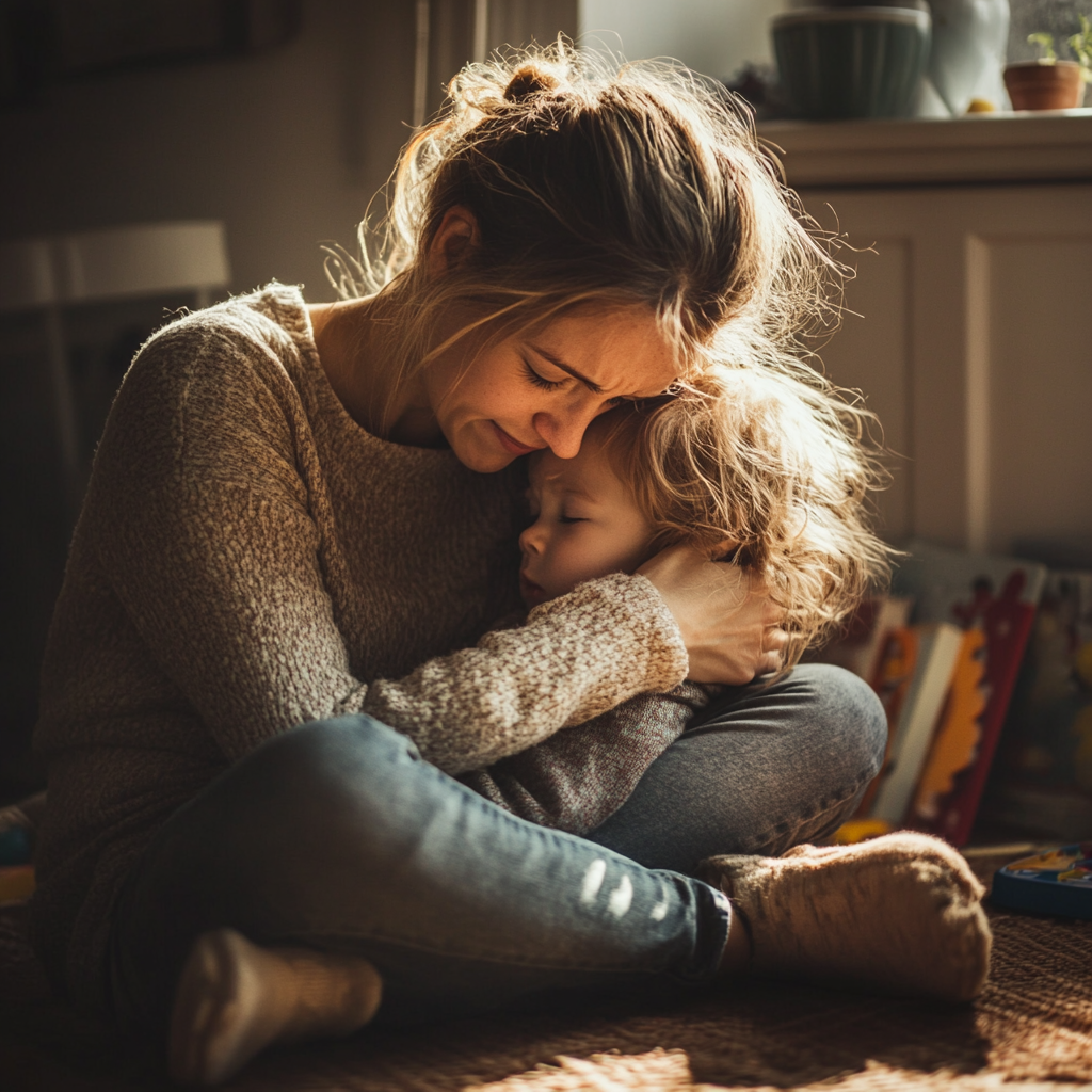 Mamă epuizată îmbrățișându-și copilul cu tandrețe, exprimând vulnerabilitate și iubire autentică în parenting.