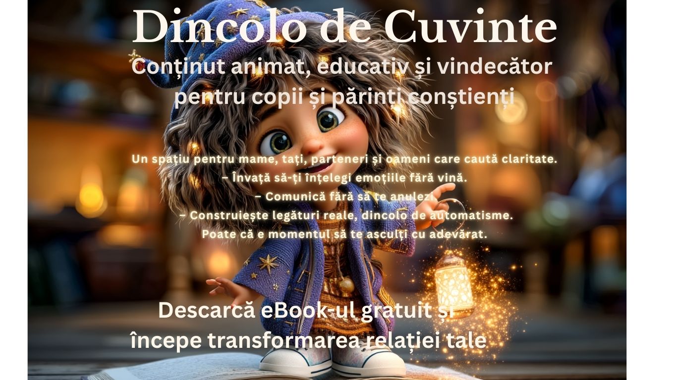 Personaj animat Mimoza ținând un felinar pe o carte deschisă, într-un decor cald, cu text despre comunicarea conștientă între părinți și copii.