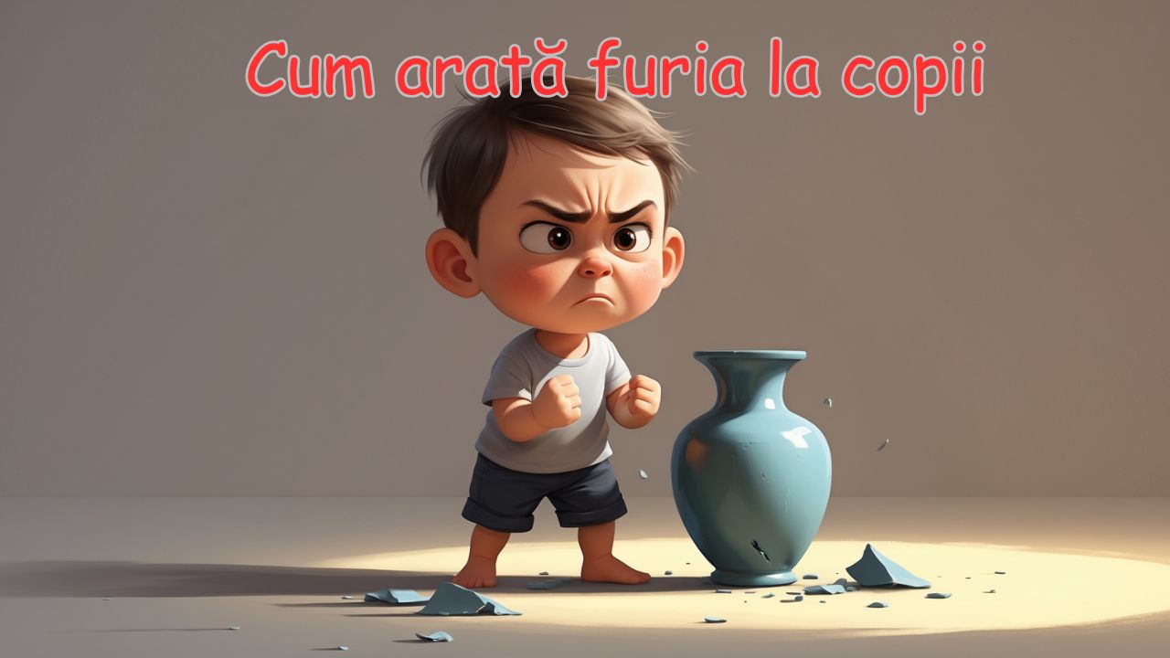 Copil mic exprimând furie moderată, lângă o vază spartă – ilustrație reprezentativă pentru articol despre emoțiile copiilor.